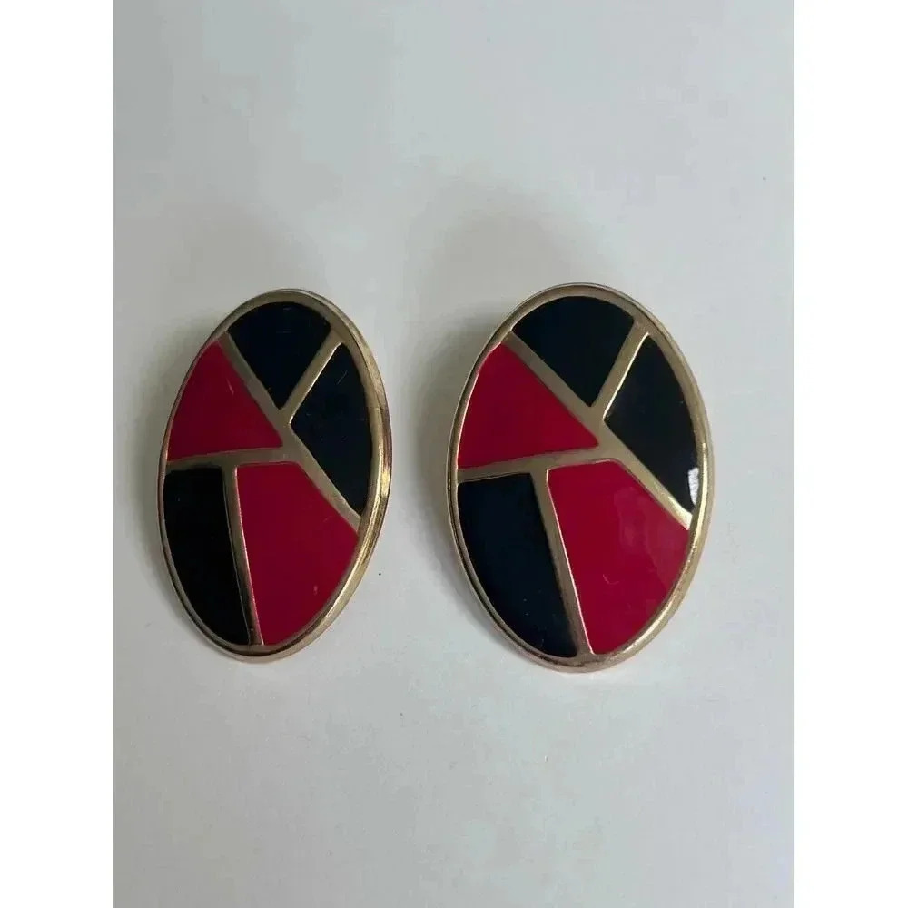 Vintage black, red and gold color block oval vintage earrings‎